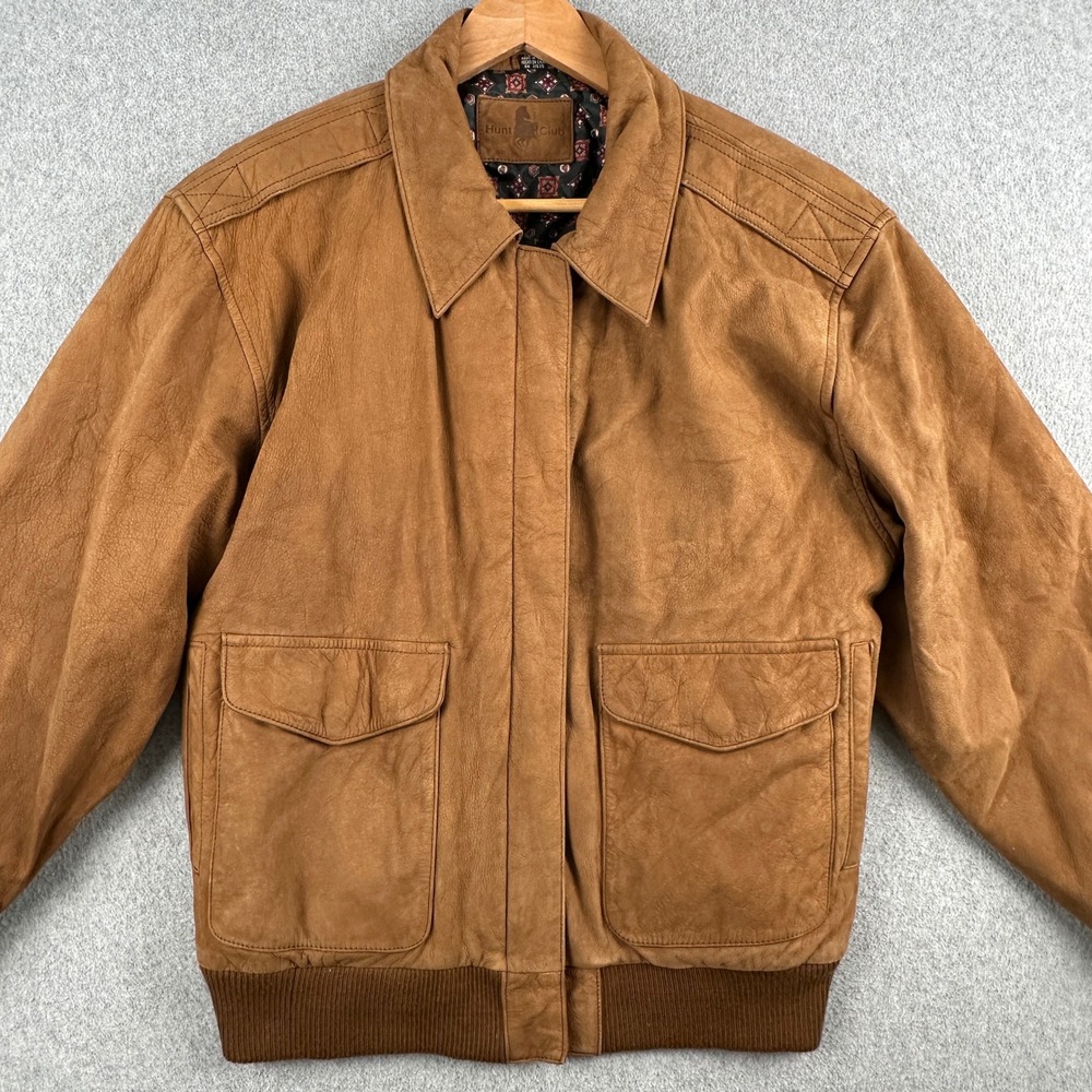Hunt Club Jacket Mens Medium Brown Leather Bomber Suede Full Zip Quilted Lining - Picture 9 of 16